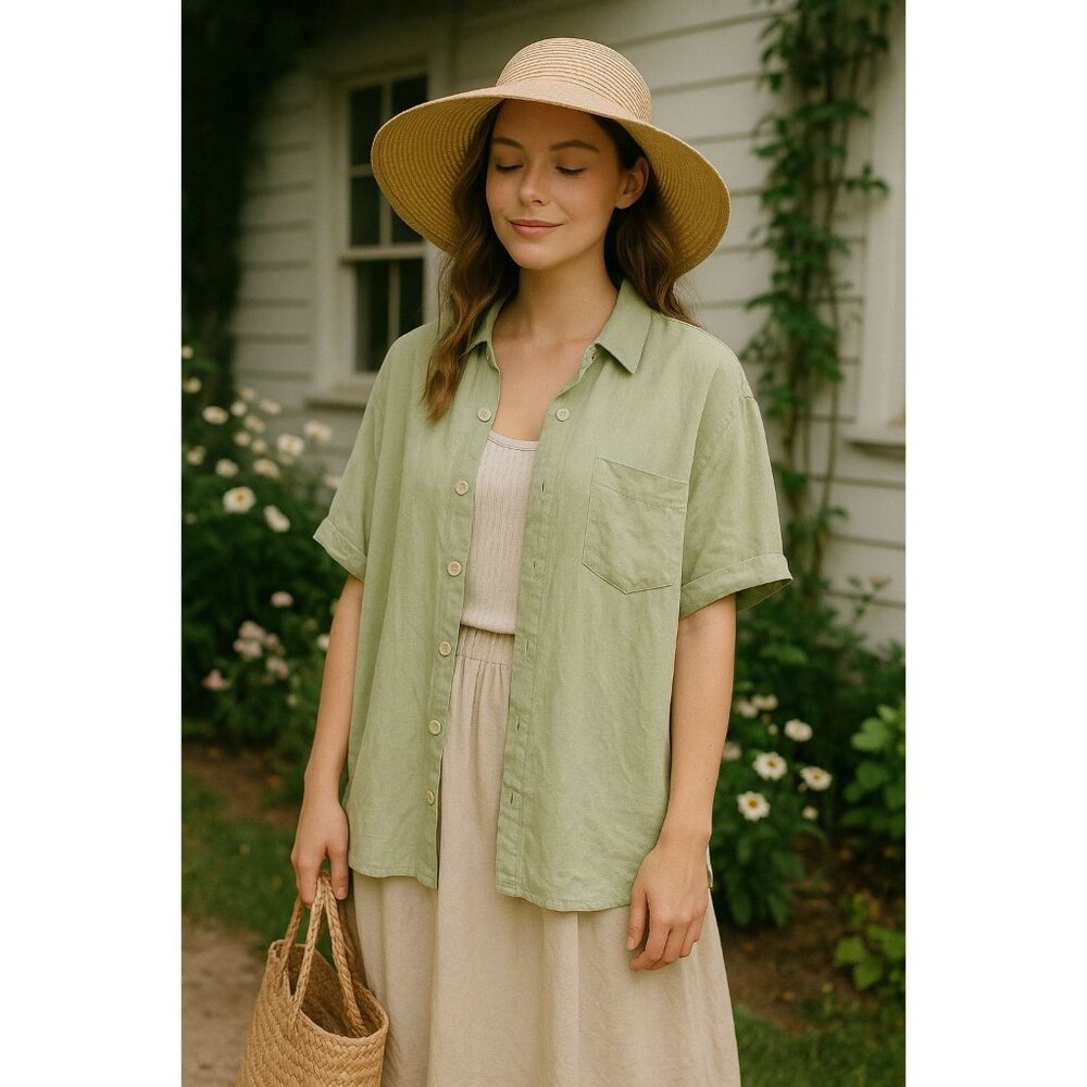 FLAX Women 100% Linen M Button Down Chartreuse Boxy Fit Top Lagenlook Layering